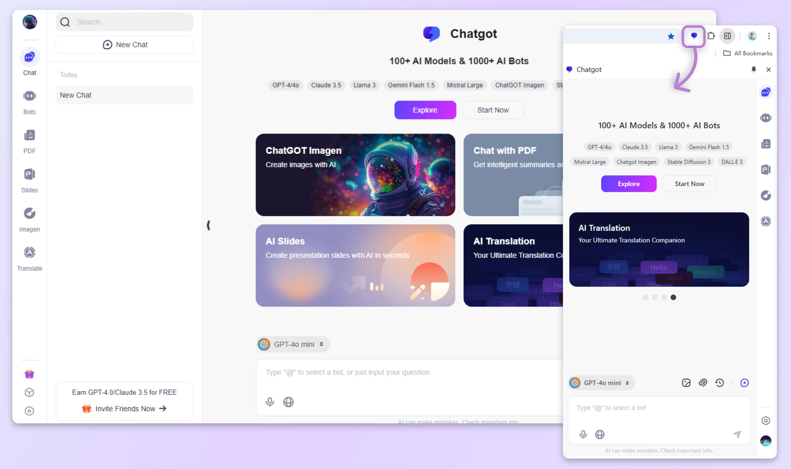 Find ChatGOT in the added extensions in the top right corner of the browser, pin the icon to the toolbar, so you can use ChatGOT whenever you need it.